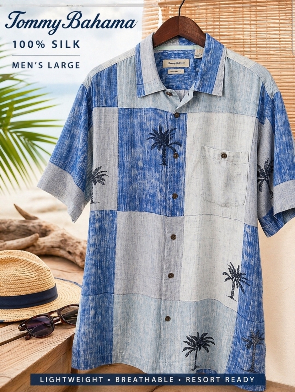 Tommy Bahama Silk Camp Shirt Mens Large Blue Palm Tree Button Front Resort Y2K